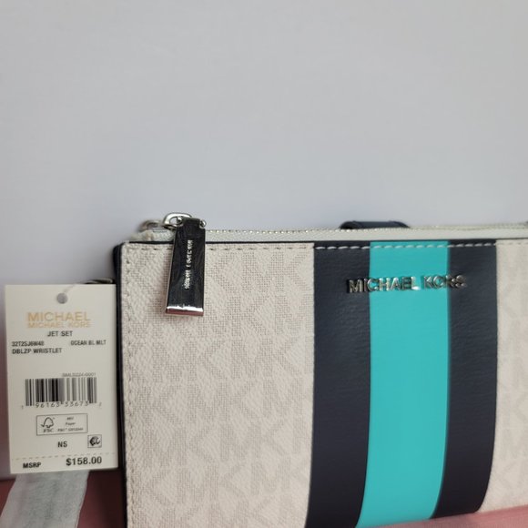 MICHAEL KORS Jet Set Double Zip Signature Phone Wristlet-Ocean Blue Mult 🎈$108⭐ - Picture 16 of 16